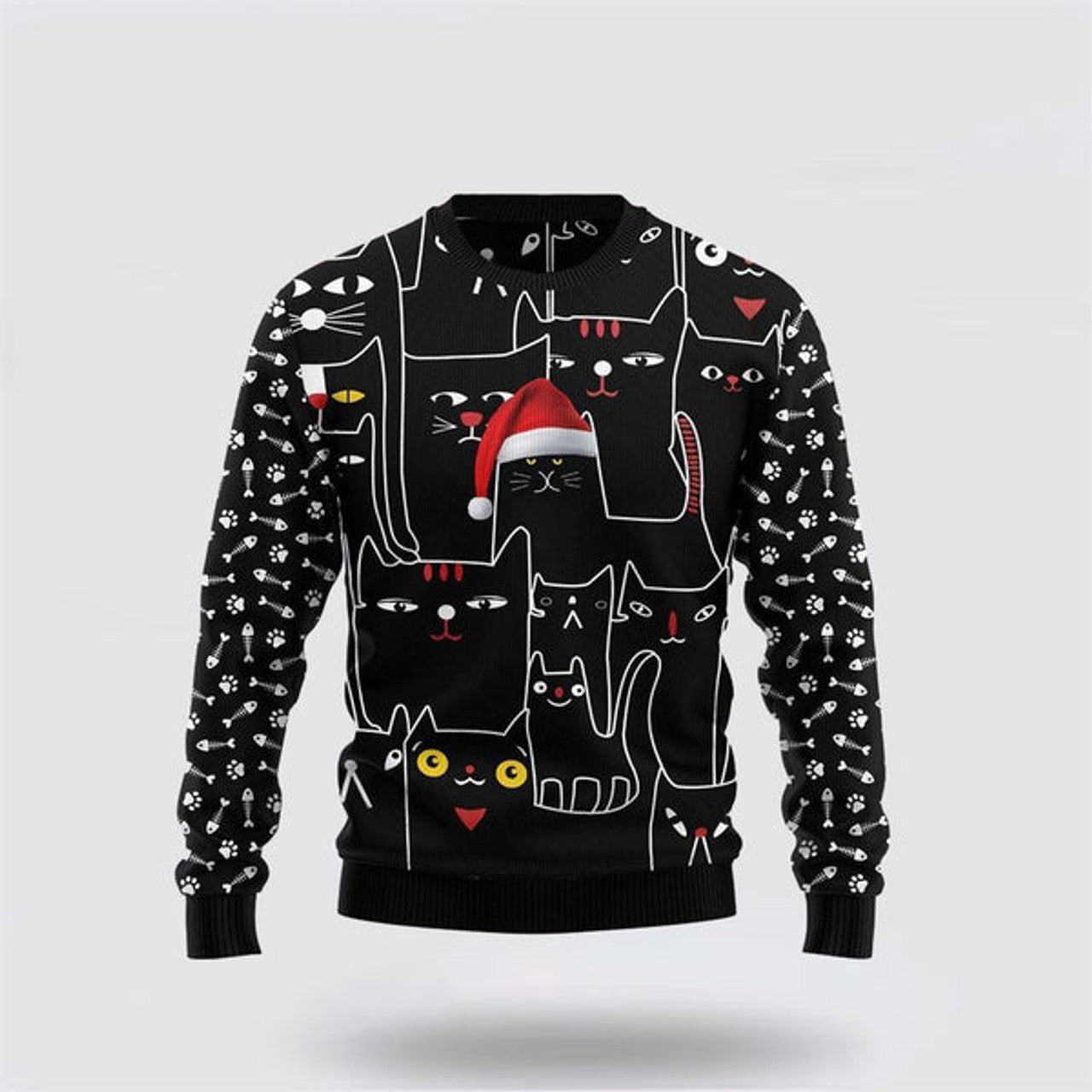 FUNSTUFFPRINT Black Cat With Noel Hat Ugly Christmas Sweater For Men And Women, Best Gift For Christmas, Christmas Fashion Winter Ugly  Sweater