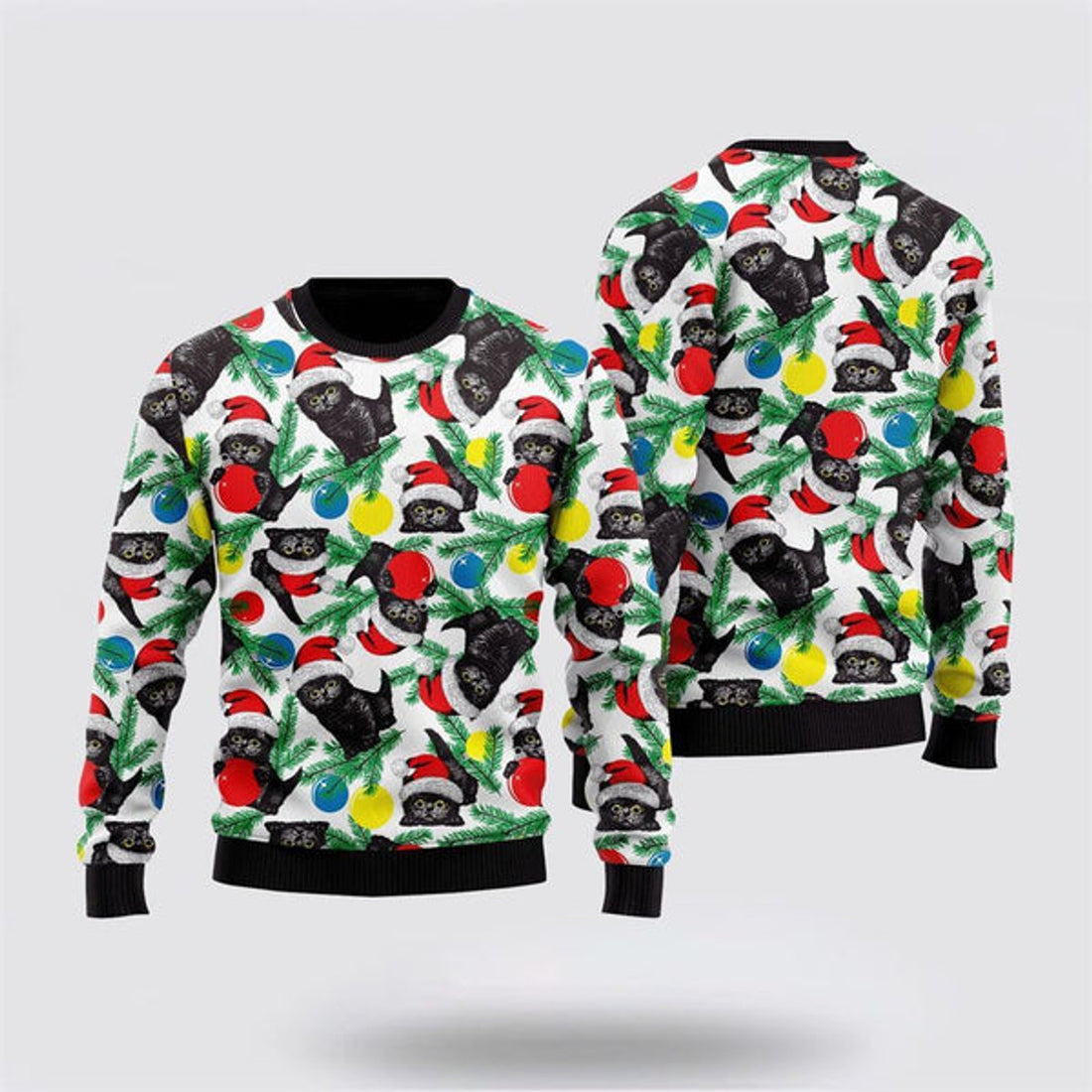 FUNSTUFFPRINT Black Cat With Xmas Balls Ugly Christmas Sweater For Men And Women, Best Gift For Christmas, Christmas Fashion Winter Ugly  Sweater