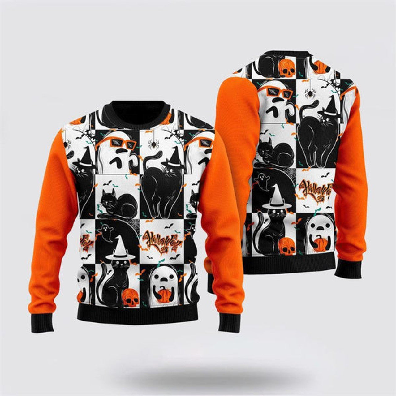 FUNSTUFFPRINT Black Cat and Ghost Halloween Ugly Christmas Sweater For Men And Women, Best Gift For Christmas, Christmas Fashion Winter Ugly  Sweater