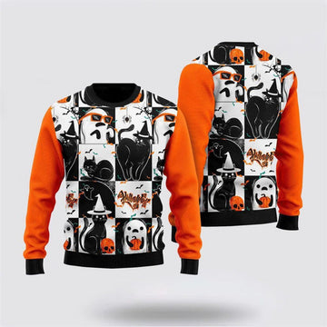 FUNSTUFFPRINT Black Cat and Ghost Halloween Ugly Christmas Sweater For Men And Women, Best Gift For Christmas, Christmas Fashion Winter Ugly  Sweater