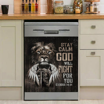 Black Lion Warrior God Will Fight For You Dishwasher Cover, Bible Verse Dishwasher Magnet Cover, Inspirational Kitchen Decor