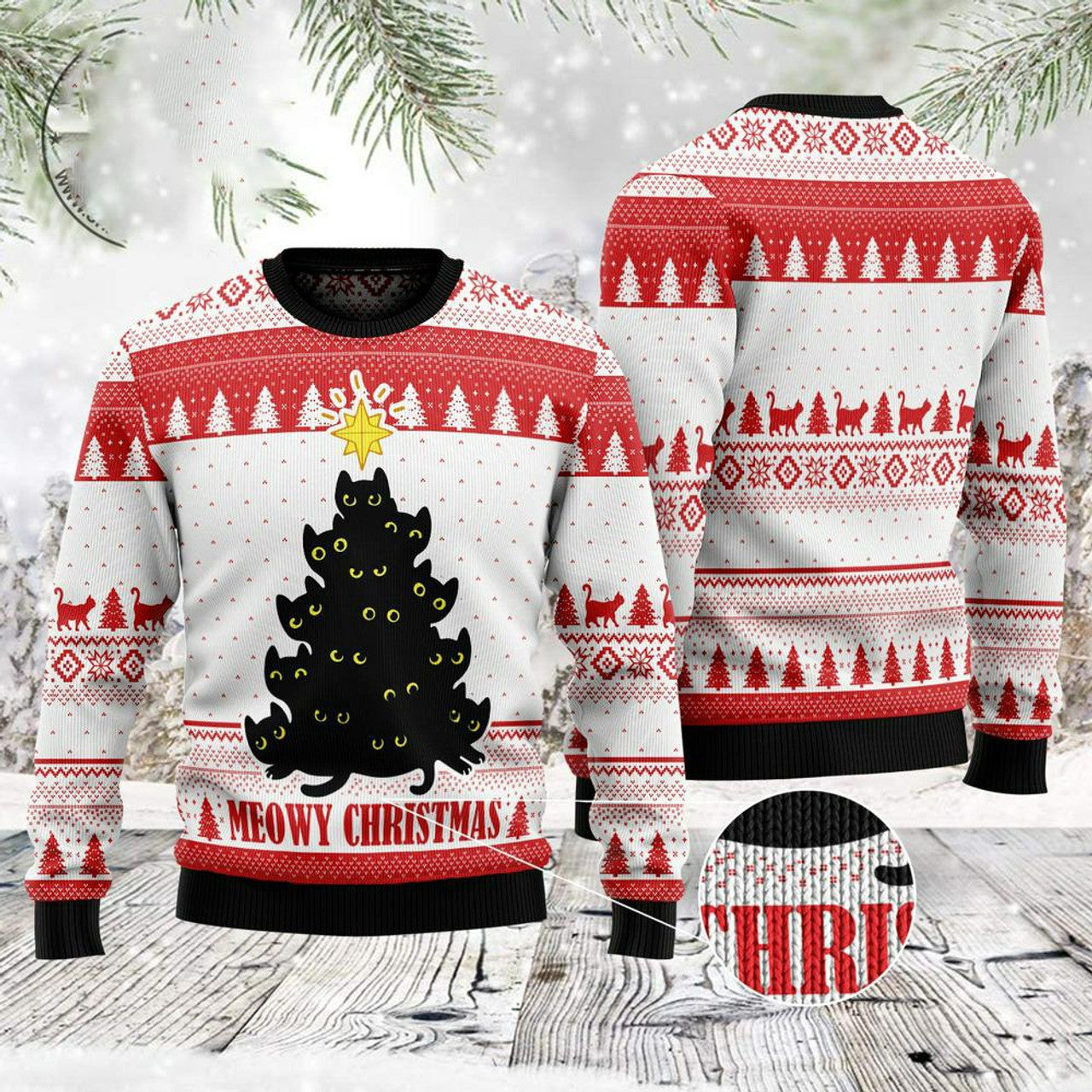FUNSTUFFPRINT Black Meowy Christmas Tree Ugly Christmas Sweater, Xmas Tree Sweater, Christmas Sweater Ugly Sweater