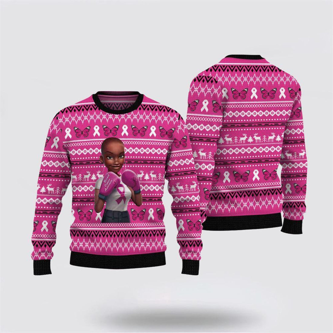 FUNSTUFFPRINT Black Queen Breast Cancer Awareness Christmas Ugly Sweater - Christmas Gifts For Survivors Ugly Sweater