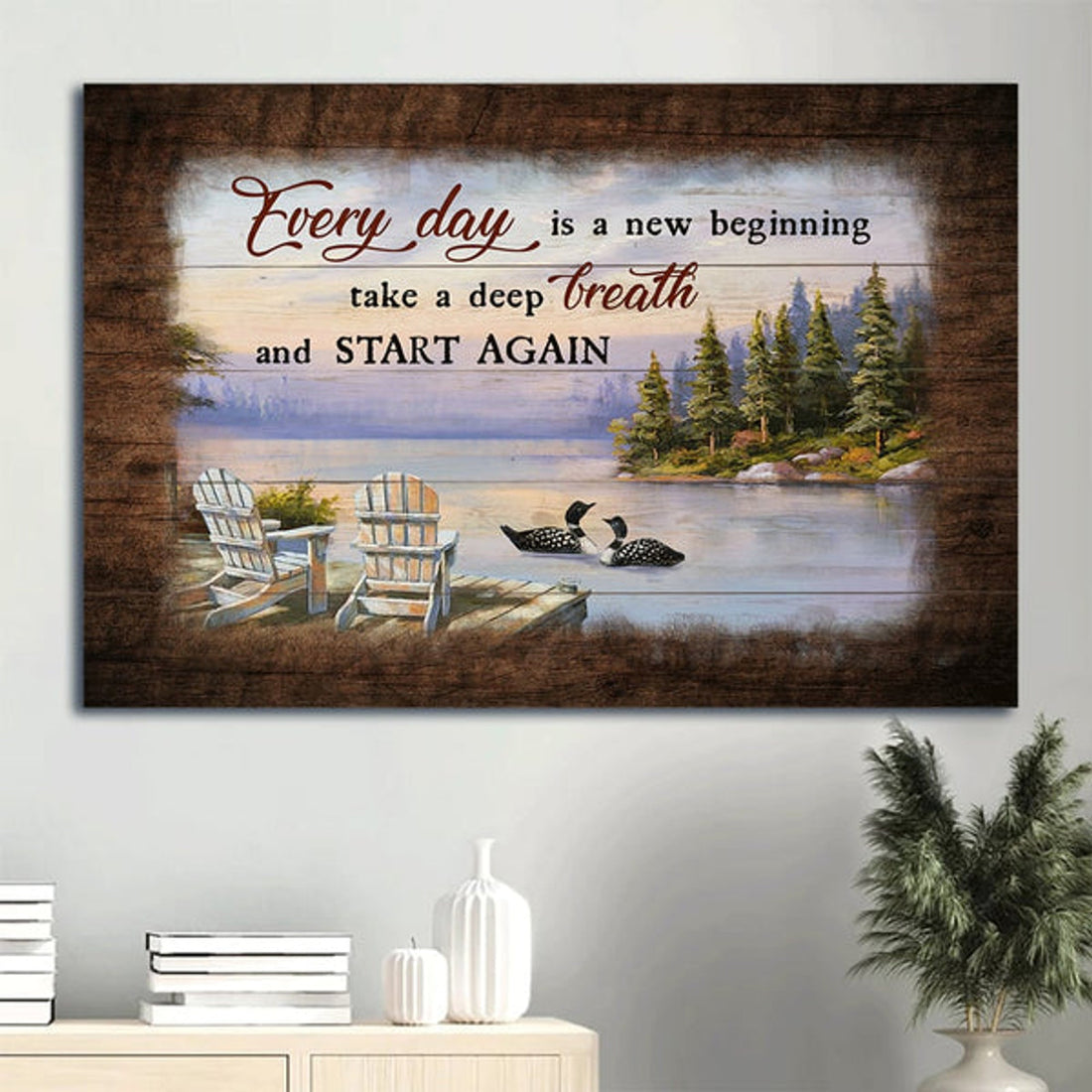 Black Swan On The River Lake View Painting Everyday Is A New Beginning Canvas Wall Art - Christian Wall Decor