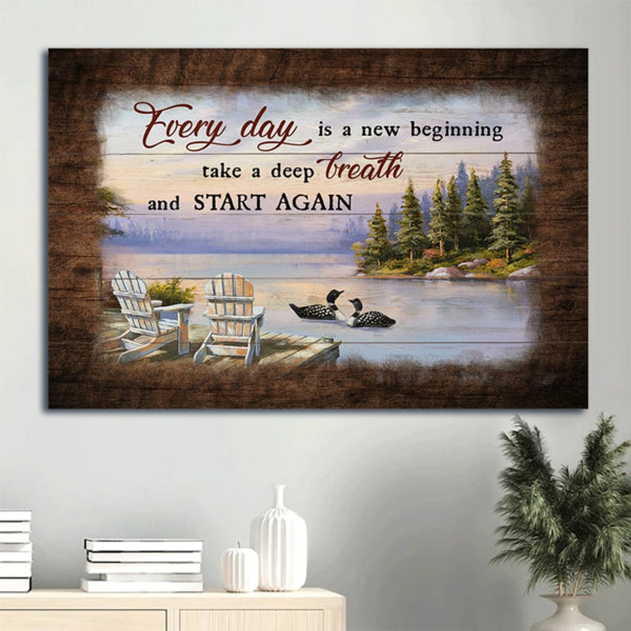 Black Swan On The River Lake View Painting Everyday Is A New Beginning Canvas Wall Art - Christian Wall Decor