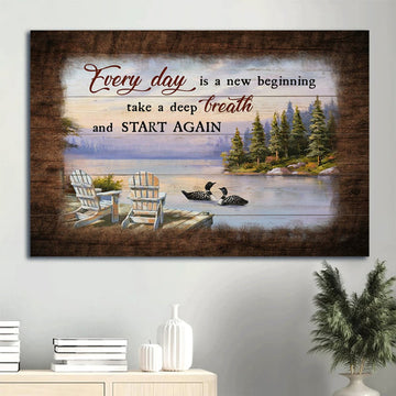 Black Swan On The River Lake View Painting Everyday Is A New Beginning Canvas Wall Art - Christian Wall Decor