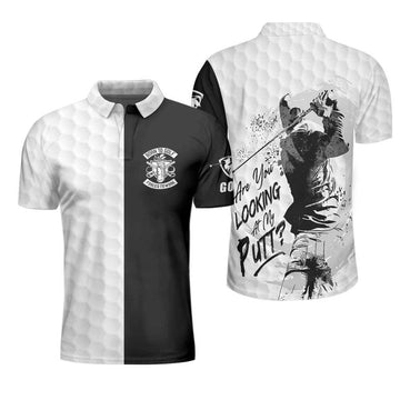 Black & White Are You Looking At My Putt Golf Polo Shirt, Black And Golf Pattern Polo Shirt, Sarcastic Golf Shirt For Men