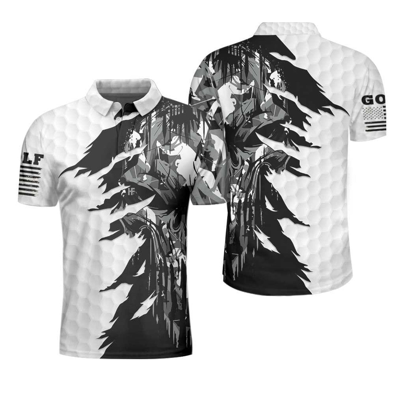 Black & White Ripped Vintage Golfing Clubs Skull Camouflage Polo Shirt, American Flag Polo Shirt, Camo Golf Shirt For Men