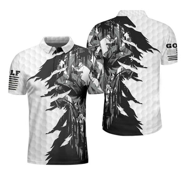 Black & White Ripped Vintage Golfing Clubs Skull Camouflage Polo Shirt, American Flag Polo Shirt, Camo Golf Shirt For Men