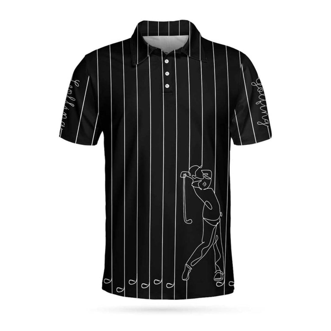 Black & White Single Line Continuous Golfer Shirt Polo Shirt, Vertical Lines Golfing Polo Shirt, Best Golf Shirt For Men