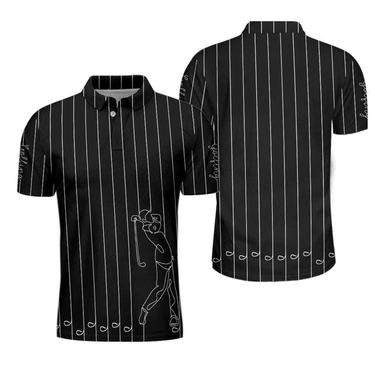 Black & White Single Line Continuous Golfer Shirt Polo Shirt, Vertical Lines Golfing Polo Shirt, Best Golf Shirt For Men