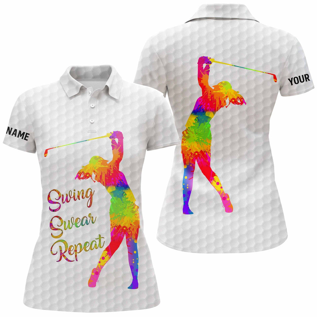 Custom Black & White Women Golf Polo Shirt Custom Name Watercolor Swing Swear Repeat, Golf Gifts For Women