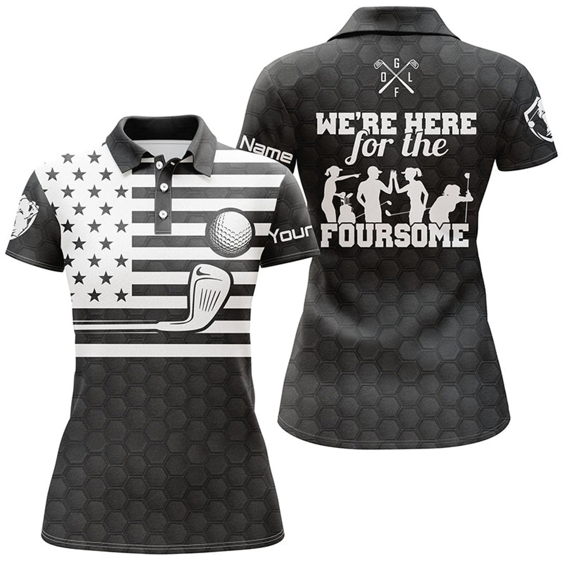 Custom Black And White American Flag Womens Golf Polo Shirts Custom We're Here For The Foursome Golf Gifts, Best Gift For Women