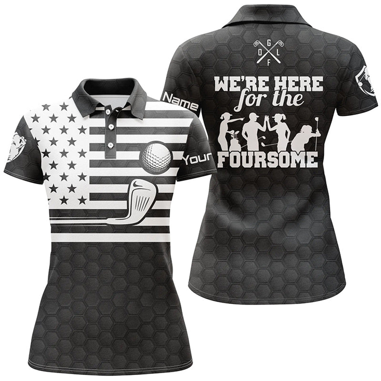 Custom Black And White American Flag Womens Golf Polo Shirts Custom We're Here For The Foursome Golf Gifts, Best Gift For Women