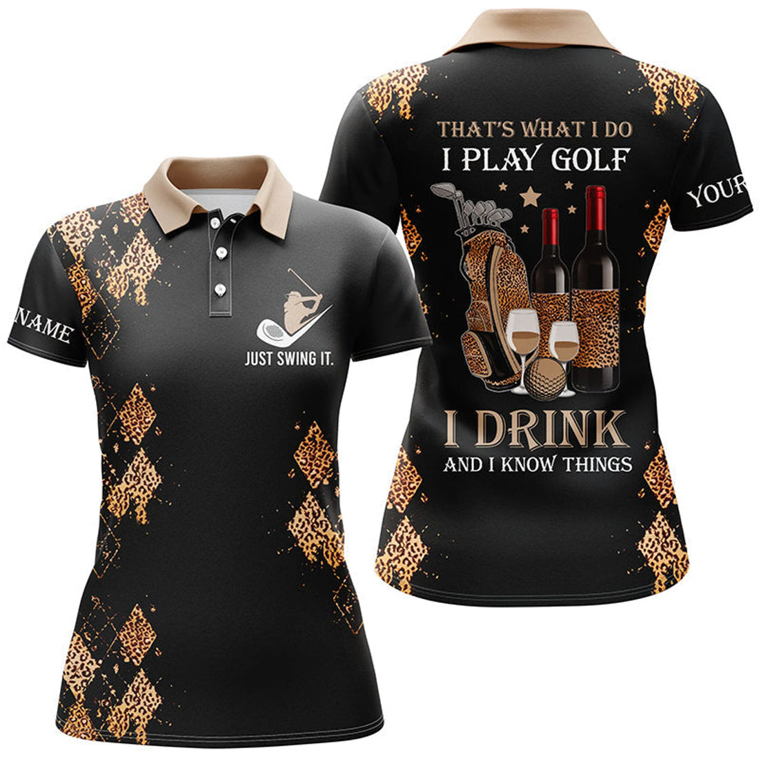 Custom Black Leopard Womens Golf Polo Shirts Custom Name Funny Golf And Wine That's What I Do, I Play Golf, Perfect Gift For Women
