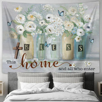 Bless This Home And All Who Enter Tapestry Wall Art - Butterfly Flower - Christian Wall Decor