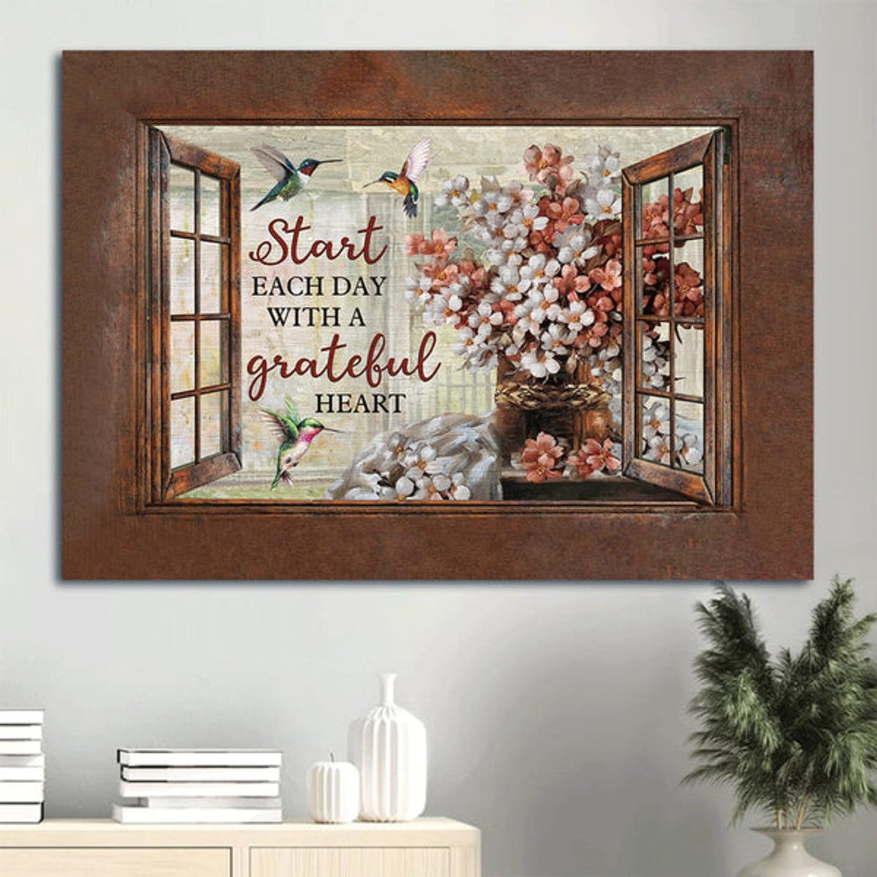 Blossom Flower Hummingbird Window Frame Start Each Day With A Grateful Heart Canvas Wall Art - Christian Wall Decor
