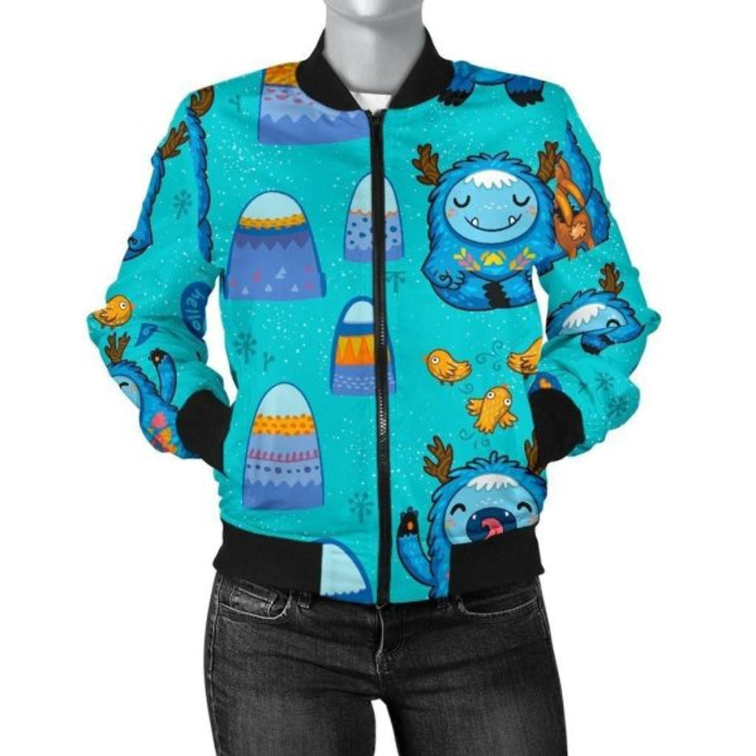 FUNSTUFFPRINT Blue Bigfoot Pattern Print Women Casual 3D Bomber Jacket
