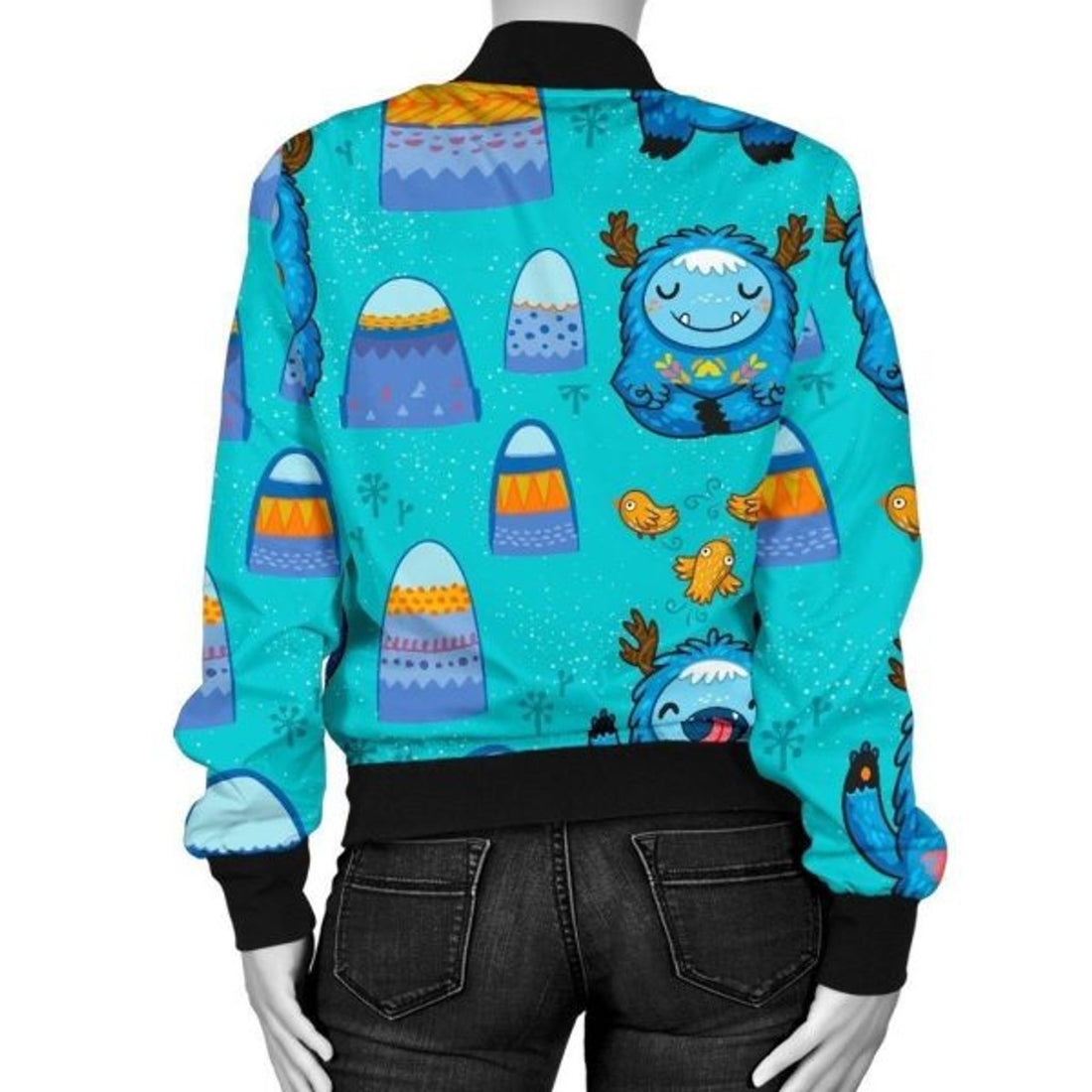 FUNSTUFFPRINT Blue Bigfoot Pattern Print Women Casual 3D Bomber Jacket