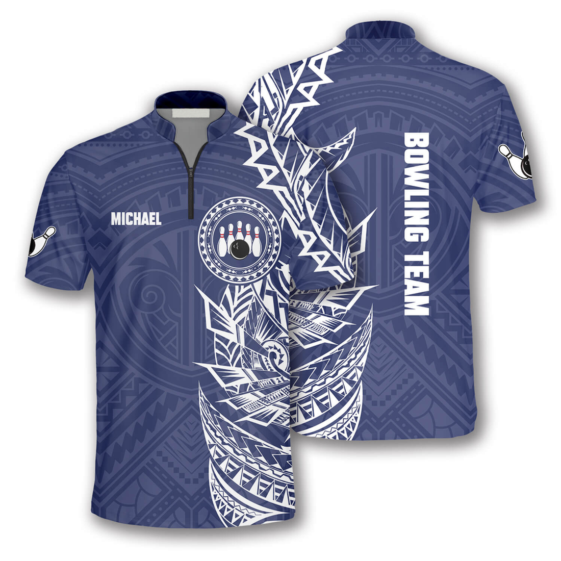 Custom Blue White Tribal Tattoo Custom Bowling Jersey for Men, Best Shirt for Bowling Player