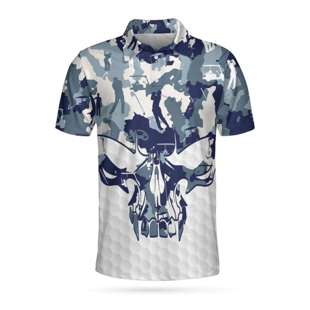 Blue And White Camouflage Golf Set Short Sleeve Skull Golf Polo Shirt, Best Camo Golf Shirt For Men