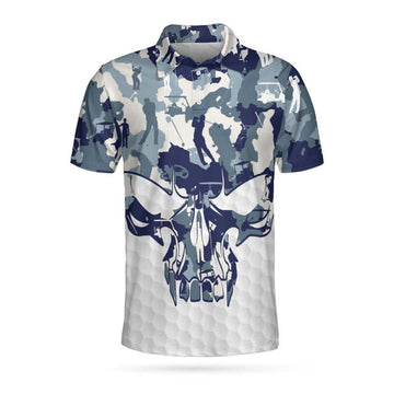 Blue And White Camouflage Golf Set Short Sleeve Skull Golf Polo Shirt, Best Camo Golf Shirt For Men
