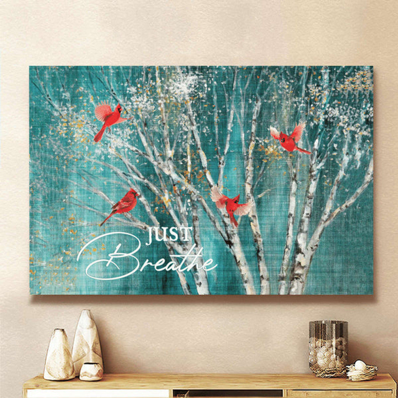 Blue Birch Cardinal Jesus Just Breathe Canvas Wall Art - Christian Poster - Religious Wall Decor