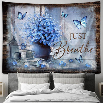 Blue Butterfly Just Breathe Wall Art Tapestry - Christian Wall Art - Religious Art