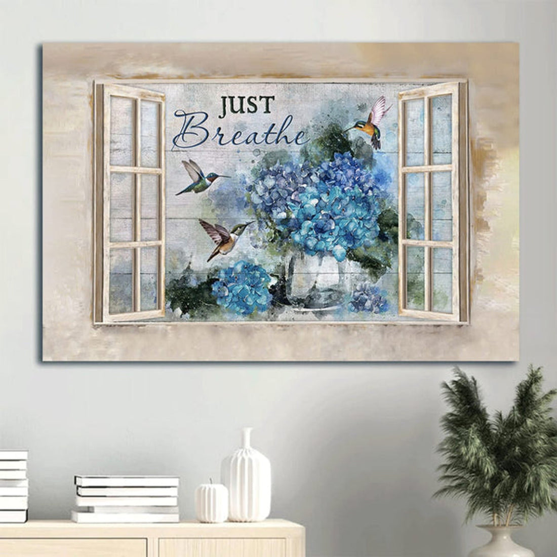 Blue Hydrangea Green Hummingbird Window Frame Just Breathe Canvas Wall Art - Christian Wall Decor