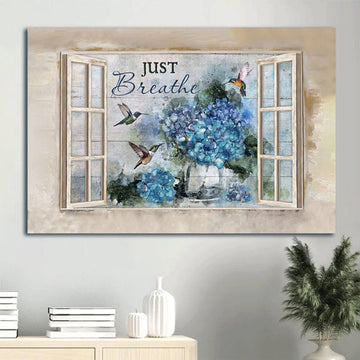 Blue Hydrangea Green Hummingbird Window Frame Just Breathe Canvas Wall Art - Christian Wall Decor
