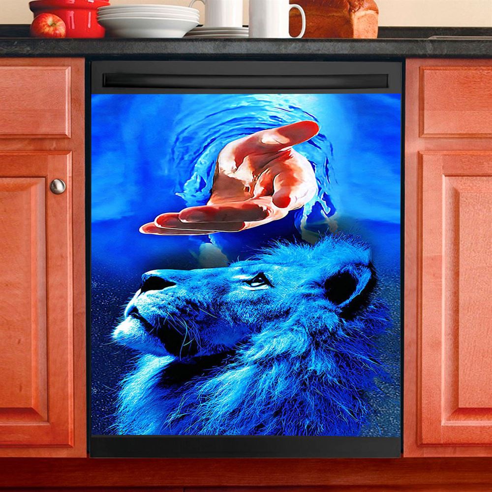 Blue Lion &amp; Jesus Dishwasher Cover, Jesus Dishwasher Magnet Cover, Christian Kitchen Decor