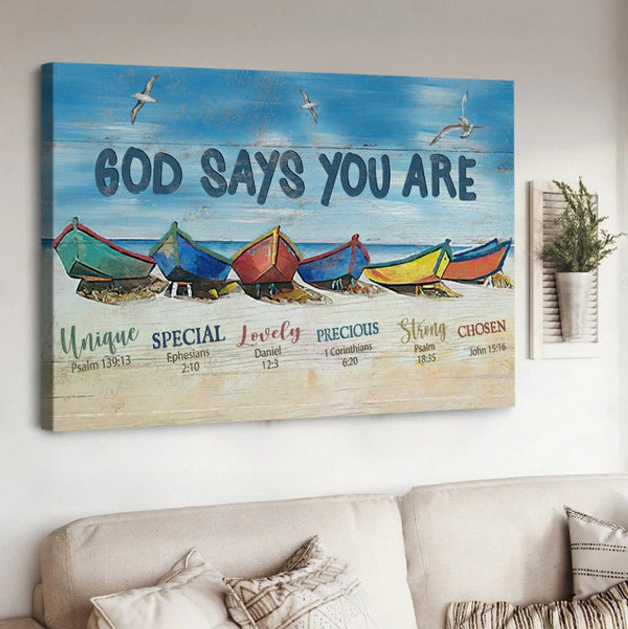Boat Beach Painting God Says You Are Canvas Wall Art - Christian Poster - Religious Wall Decor