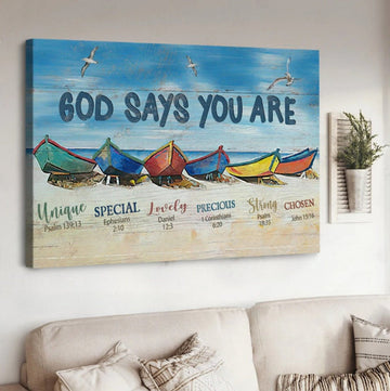 Boat Beach Painting God Says You Are Canvas Wall Art - Christian Poster - Religious Wall Decor