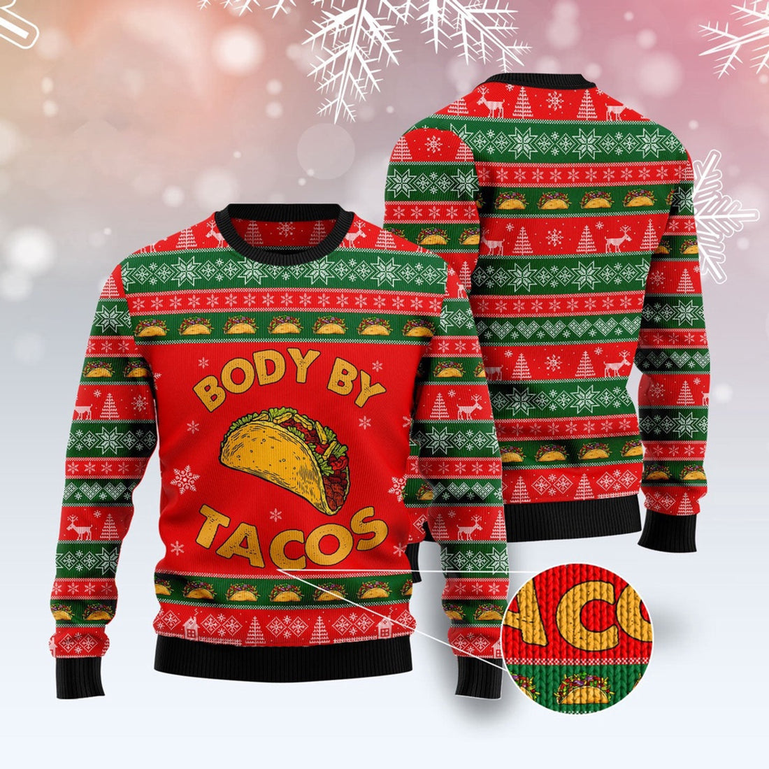 FUNSTUFFPRINT Body By Taco Ugly Christmas Sweater, Christmas Sweater, Ugly Sweater, Funny Xmas Sweaters Ugly Sweater