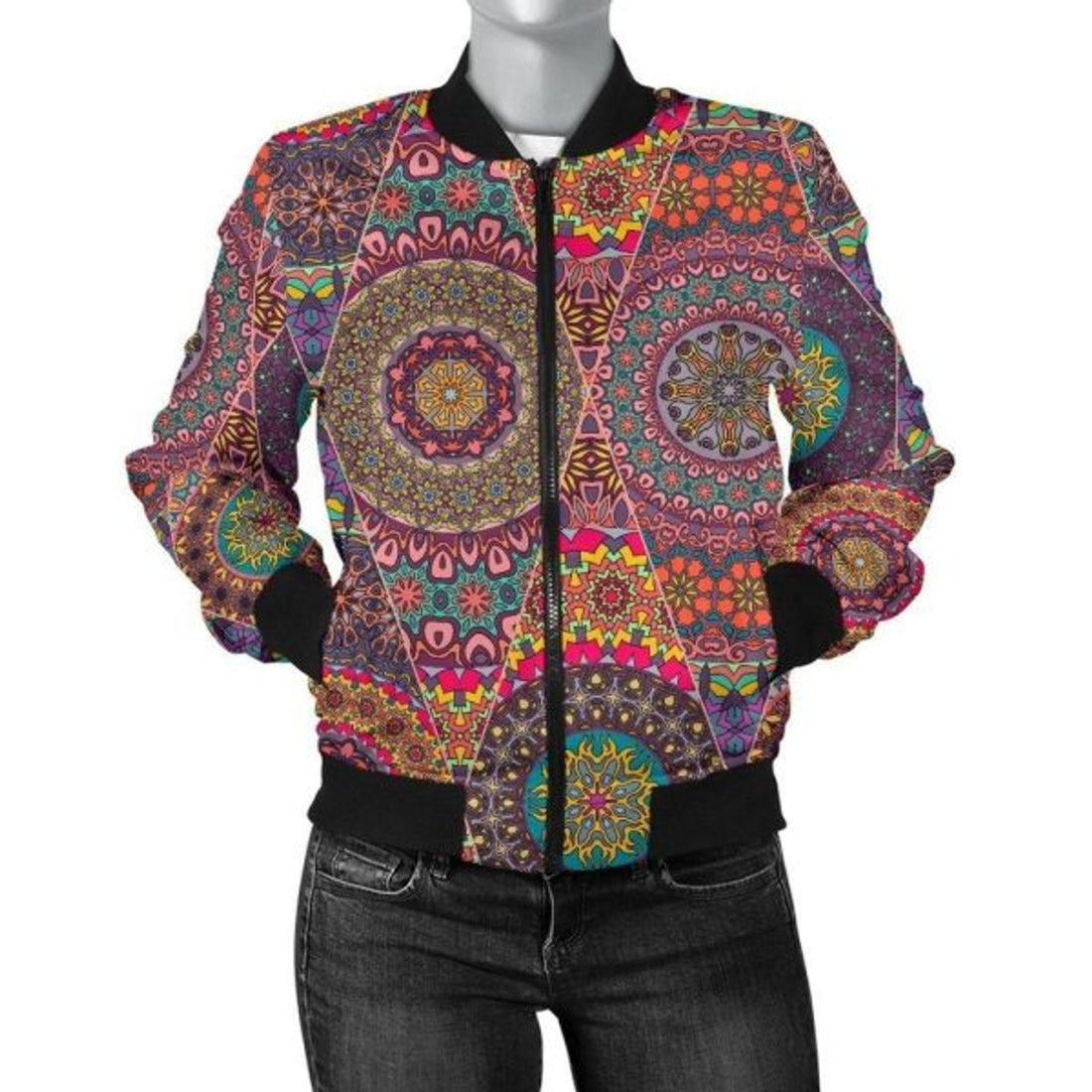 FUNSTUFFPRINT Bohemian Patchwork Pattern Print Women Casual 3D Bomber Jacket