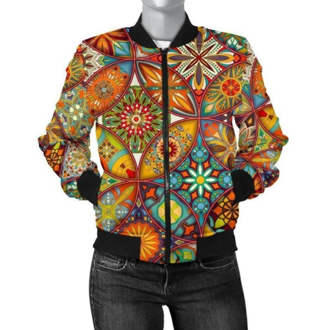 FUNSTUFFPRINT Bohemian Patchwork Print Pattern Women Casual 3D Bomber Jacket