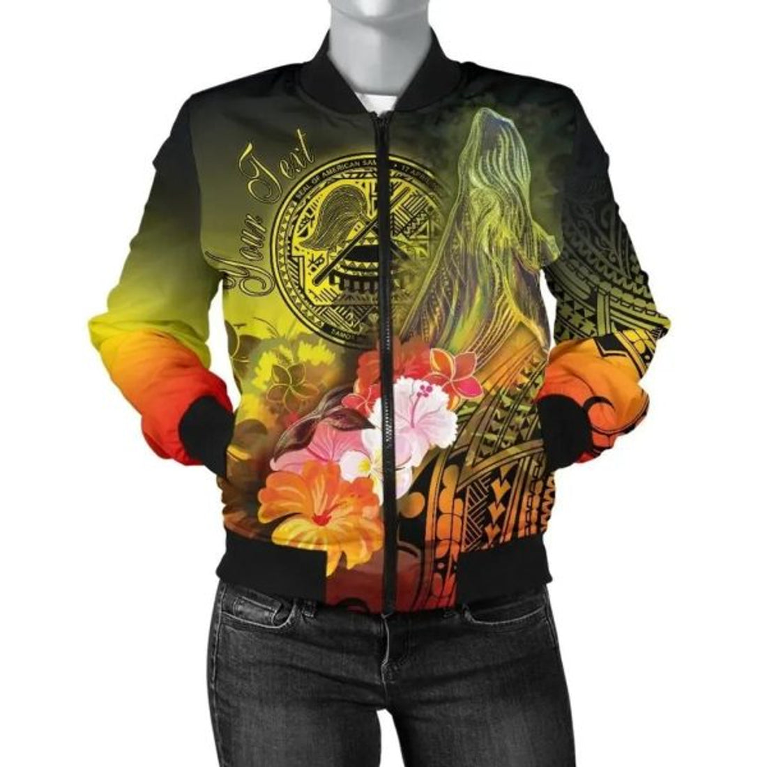 FUNSTUFFPRINT Bomber Jacket American Samoa Polynesian Custom Personalised - Humpback Whale with Tropical Flowers - 3D Bomber Jacket