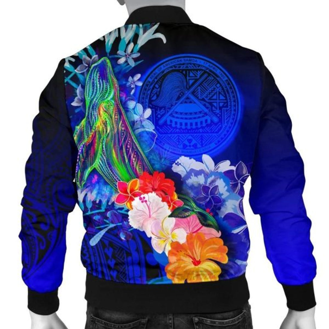 FUNSTUFFPRINT Bomber Jacket American Samoa Polynesian - Humpback Whale with Tropical Flowers (Blue)- 3D Bomber Jacket