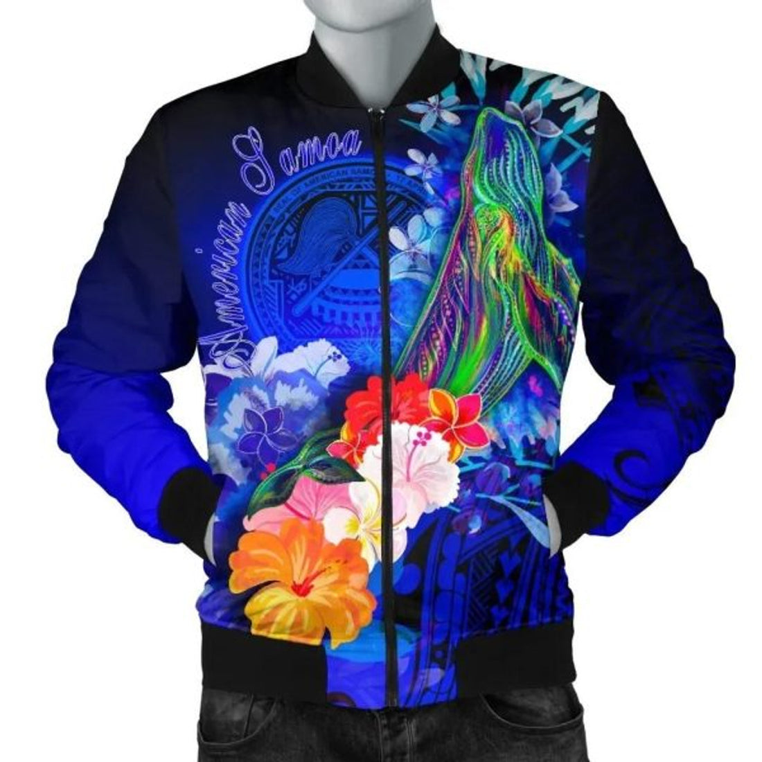 FUNSTUFFPRINT Bomber Jacket American Samoa Polynesian - Humpback Whale with Tropical Flowers (Blue)- 3D Bomber Jacket