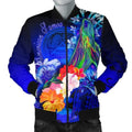 FUNSTUFFPRINT Bomber Jacket American Samoa Polynesian - Humpback Whale with Tropical Flowers (Blue)- 3D Bomber Jacket