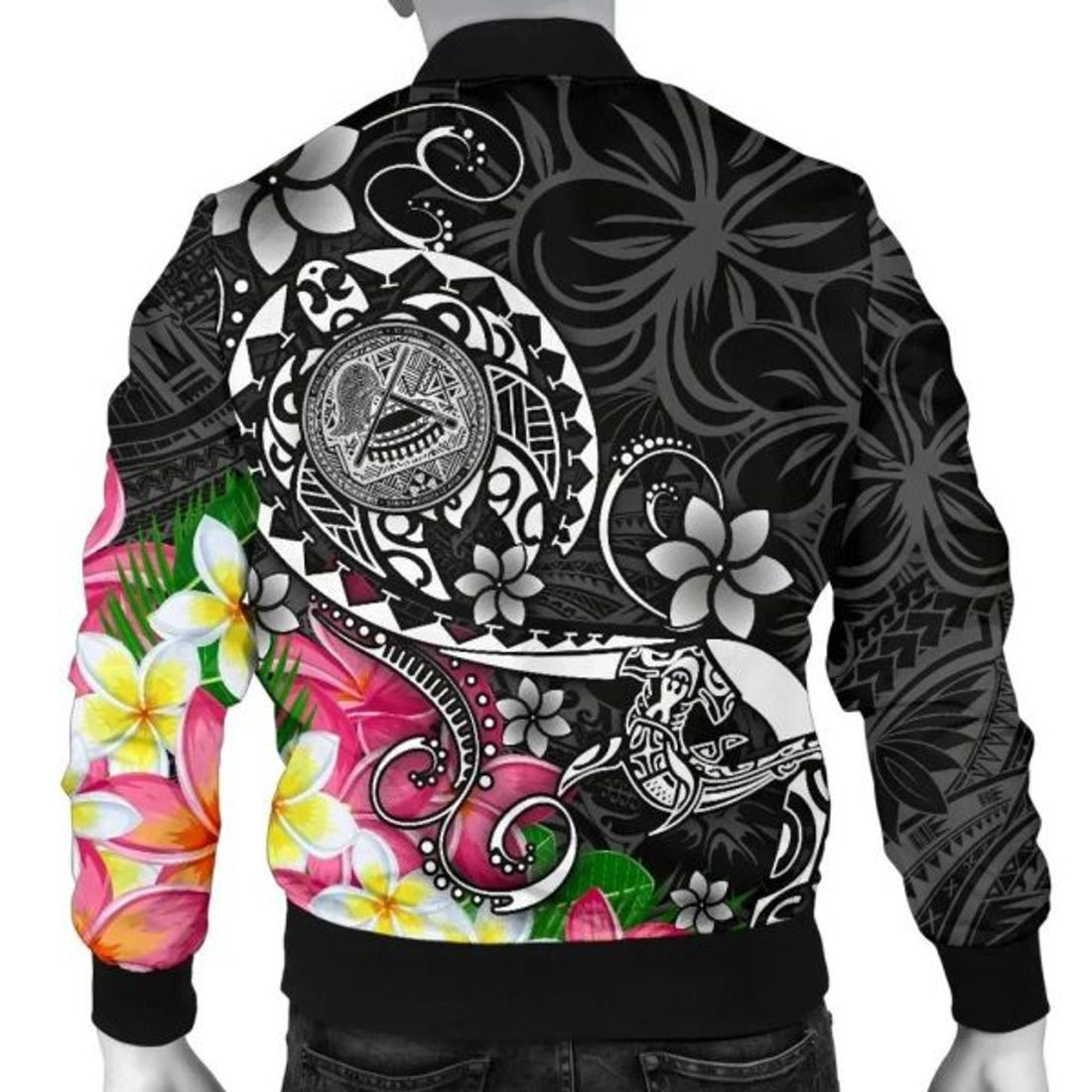 FUNSTUFFPRINT Bomber Jacket American Samoa Polynesian - Turtle Plumeria (Black) - 3D Bomber Jacket