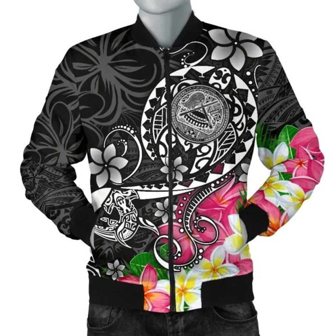 FUNSTUFFPRINT Bomber Jacket American Samoa Polynesian - Turtle Plumeria (Black) - 3D Bomber Jacket
