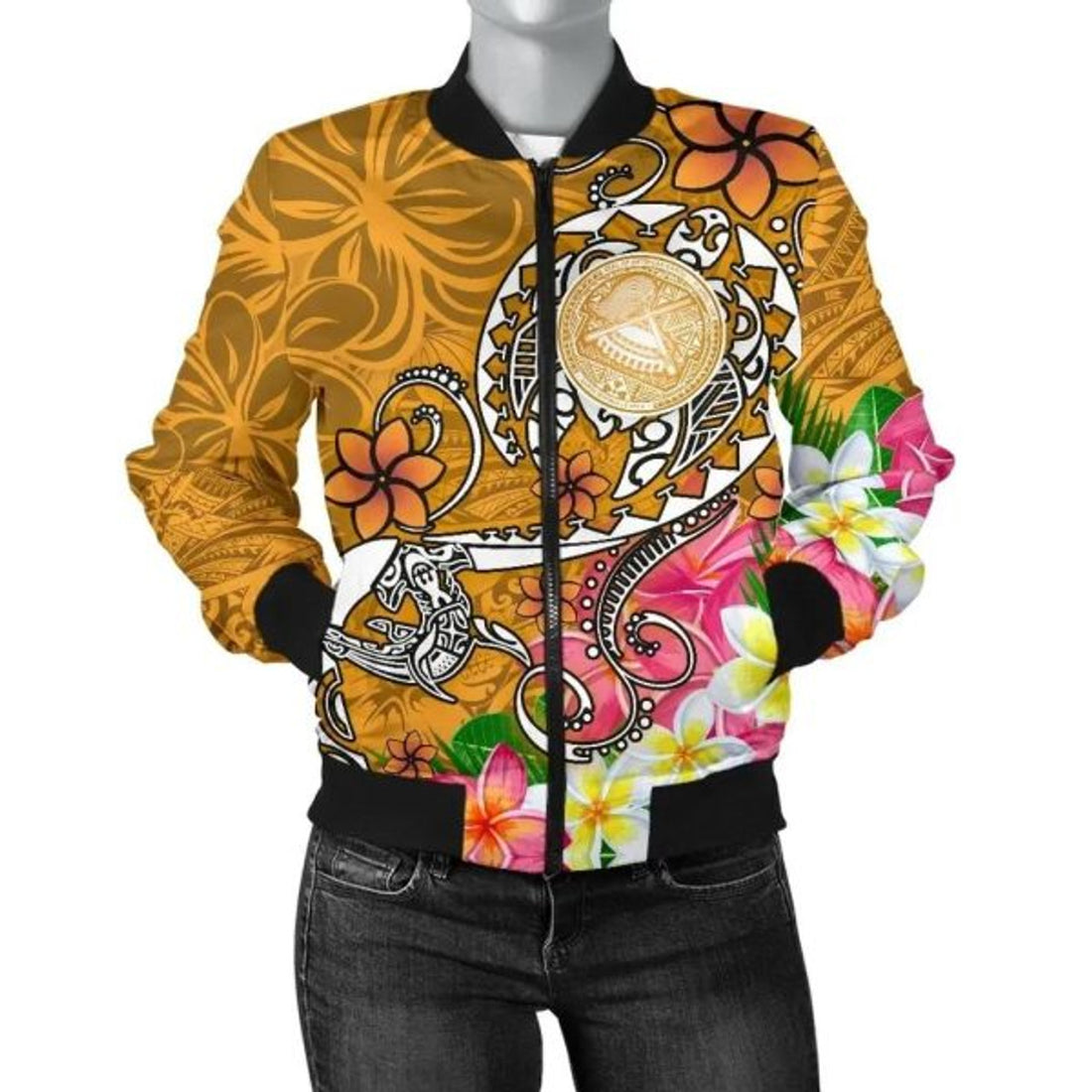 FUNSTUFFPRINT Bomber Jacket American Samoa Polynesian - Turtle Plumeria (Gold) - 3D Bomber Jacket