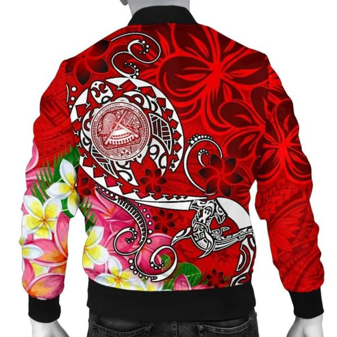 FUNSTUFFPRINT Bomber Jacket American Samoa Polynesian - Turtle Plumeria (Red) - 3D Bomber Jacket