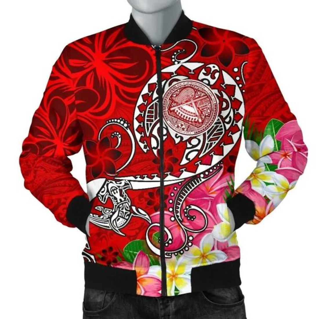 FUNSTUFFPRINT Bomber Jacket American Samoa Polynesian - Turtle Plumeria (Red) - 3D Bomber Jacket