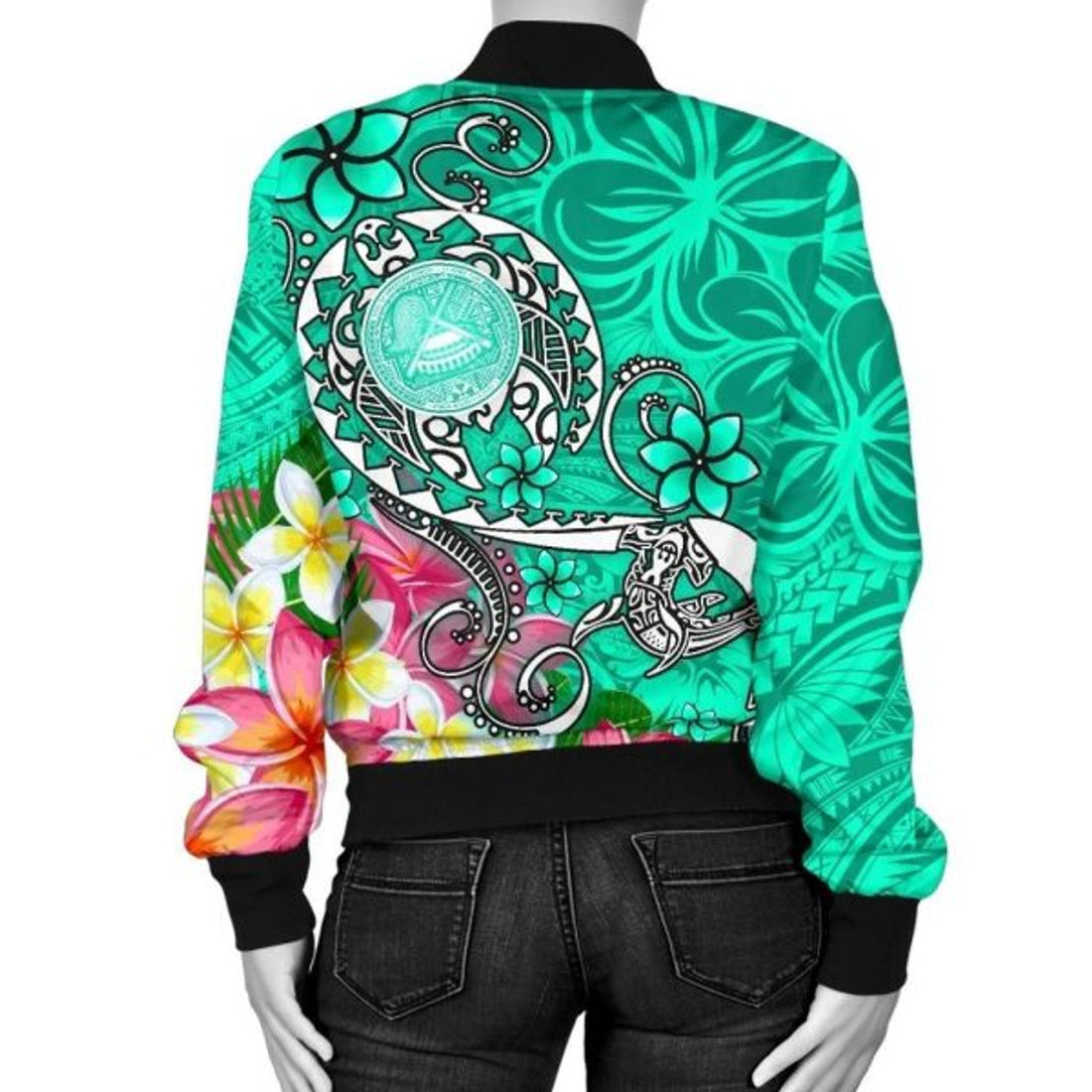 FUNSTUFFPRINT Bomber Jacket American Samoa Polynesian - Turtle Plumeria (Turquoise) - 3D Bomber Jacket