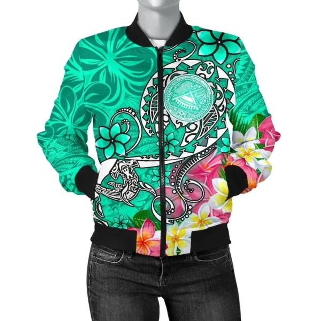 FUNSTUFFPRINT Bomber Jacket American Samoa Polynesian - Turtle Plumeria (Turquoise) - 3D Bomber Jacket