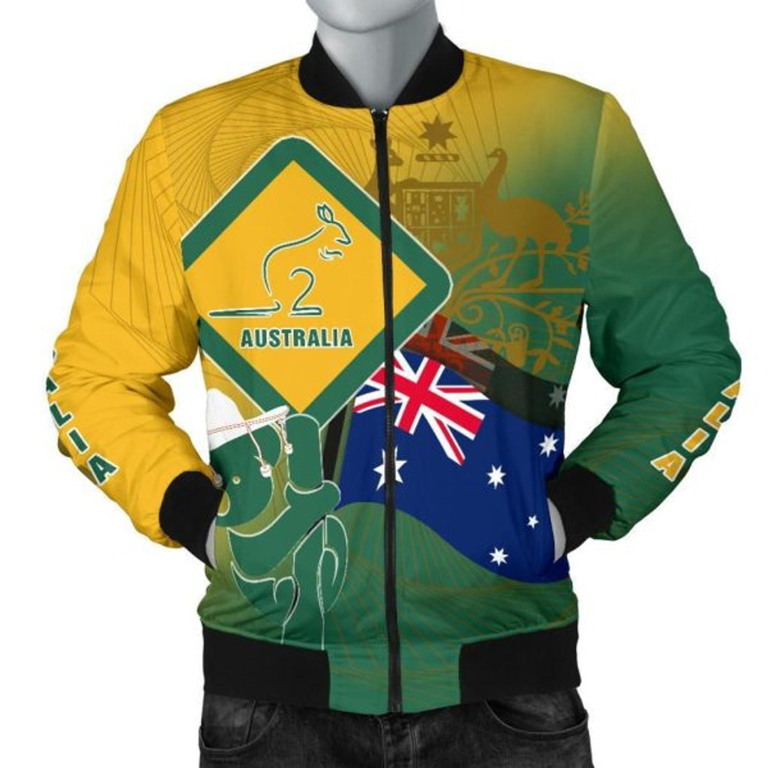 FUNSTUFFPRINT Bomber Jacket- Aus Flag and Coat Of Arms Jacket Kangaroo and Koala Sign - Men 3D Bomber Jacket