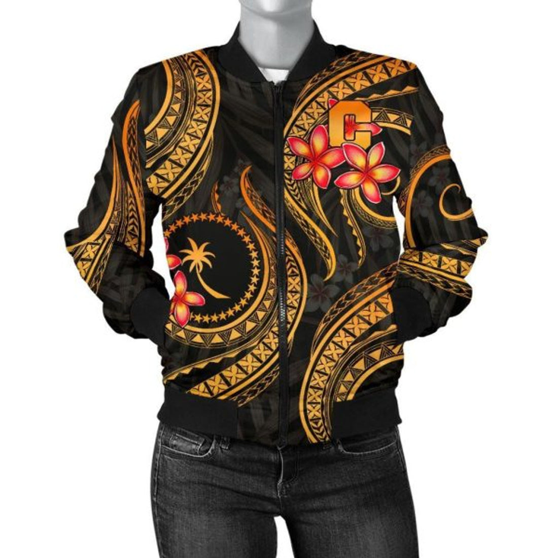 FUNSTUFFPRINT Bomber Jacket Chuuk Micronesian Gold Plumeria - 3D Bomber Jacket