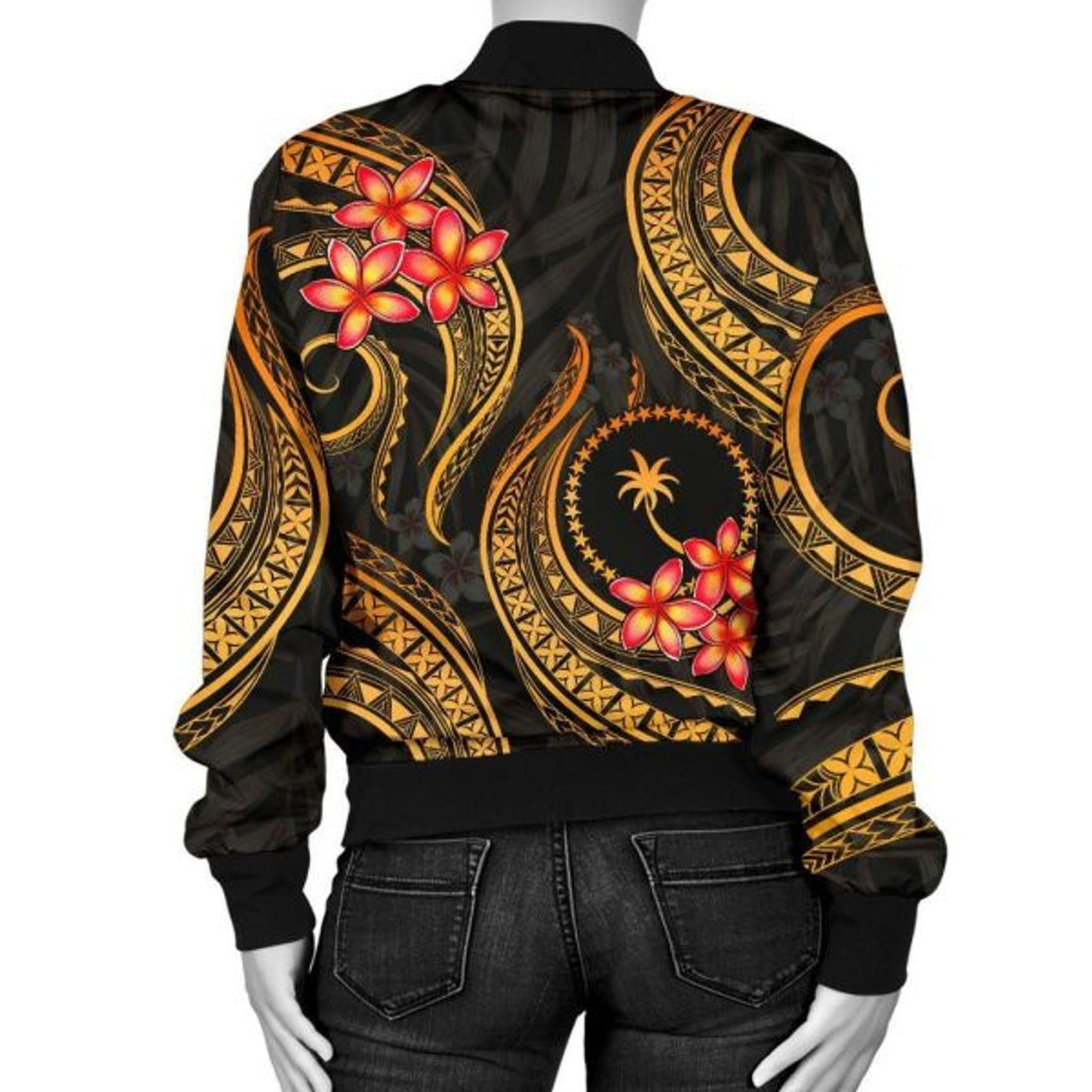 FUNSTUFFPRINT Bomber Jacket Chuuk Micronesian Gold Plumeria - 3D Bomber Jacket